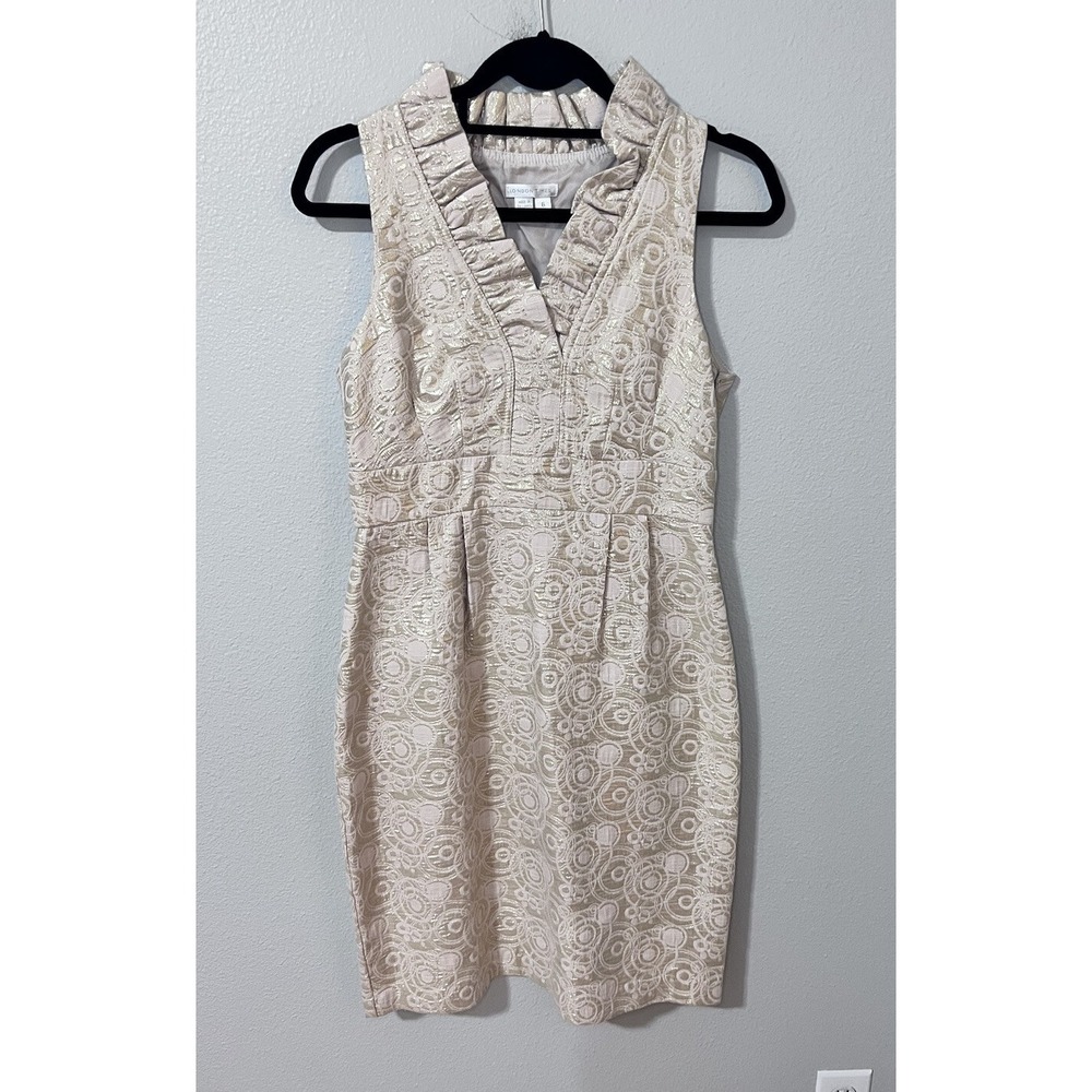 LONDON TIMES White Gold Metallic V Neck Floral Sleeveless Formal Dress 6